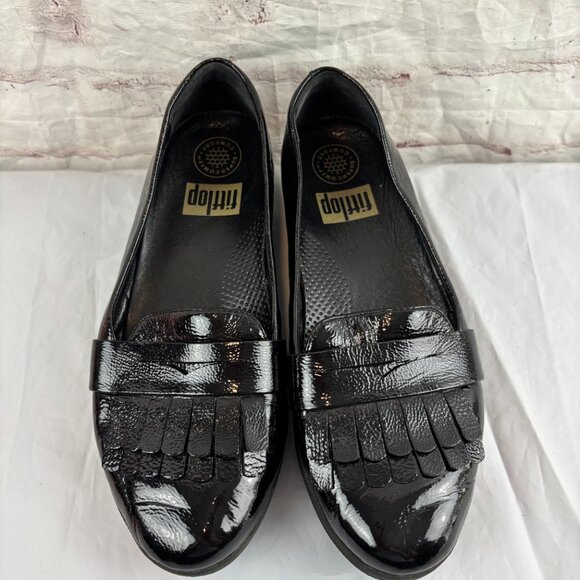 Fitflop Women's 6 Black Fringey Patent Leather Slip-on Penny Loafers - Picture 6 of 9